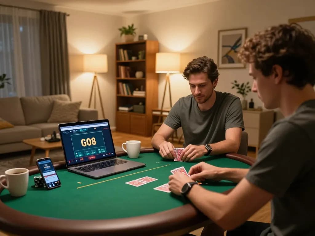 Engaging online gaming session at https://go8.dad/, featuring a player focused on poker with warm home ambiance.