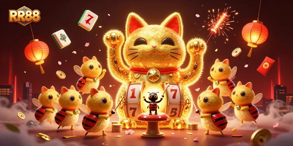 Experience RR88's thrilling world of gambling with a vibrant lucky cat and dynamic casino elements.
