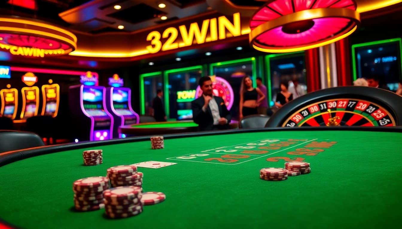 32WIN poker table scene showcasing vibrant gameplay with luxurious elements and excitement.