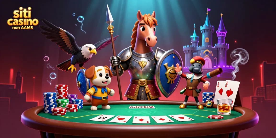 Interagisci con i migliori siti casino non AAMS che presentano un cavaliere e azioni di poker in una scena vibrante