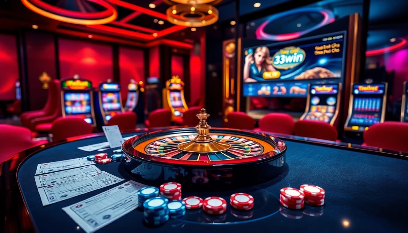 Exciting gaming experience at Trang chủ 33win with roulette, poker chips, and vibrant casino elements.