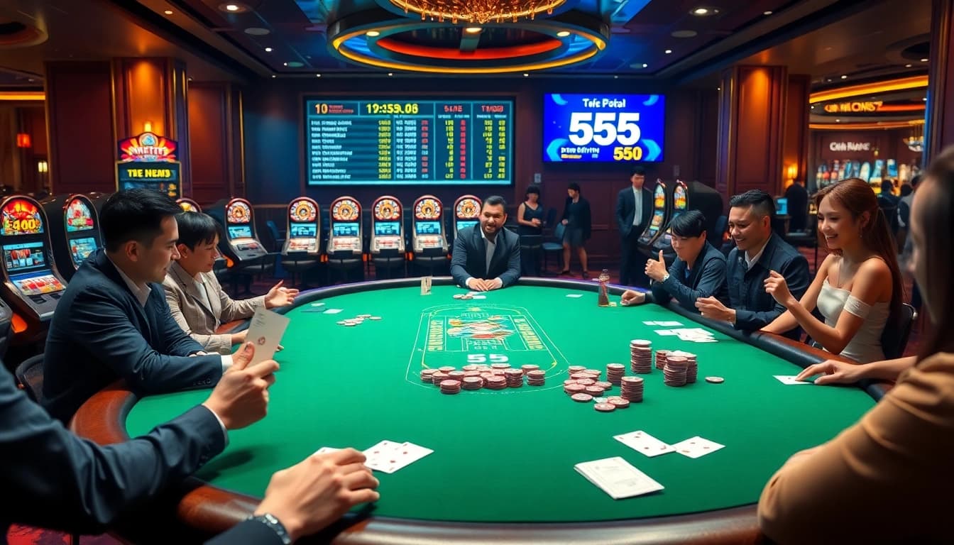 Kèo Nhà Cái 55 captures the thrill of professional gambling with poker tables, chips, and live betting displays.