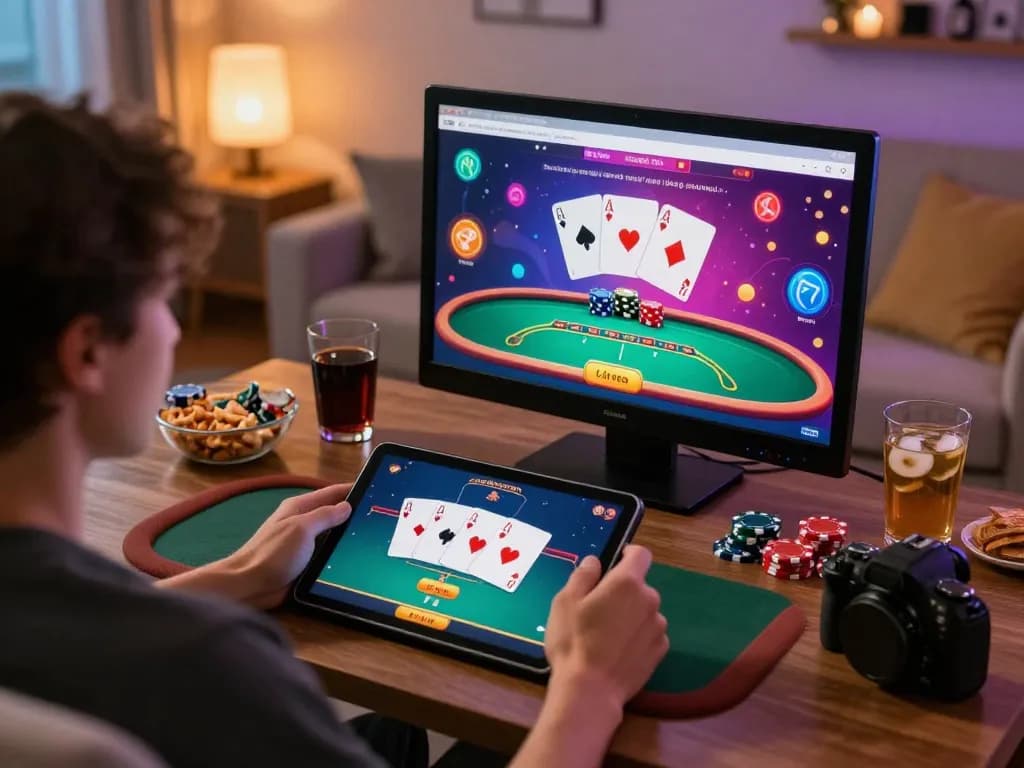 Player enjoying vnloto vip poker game on a tablet in a cozy home setting, showcasing engaging gameplay.