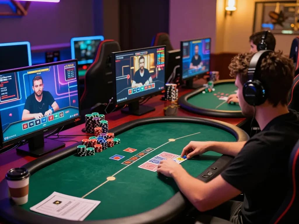 Player engaging in online poker at a nhà cái uy tín with multiple screens for a strategic gaming experience.