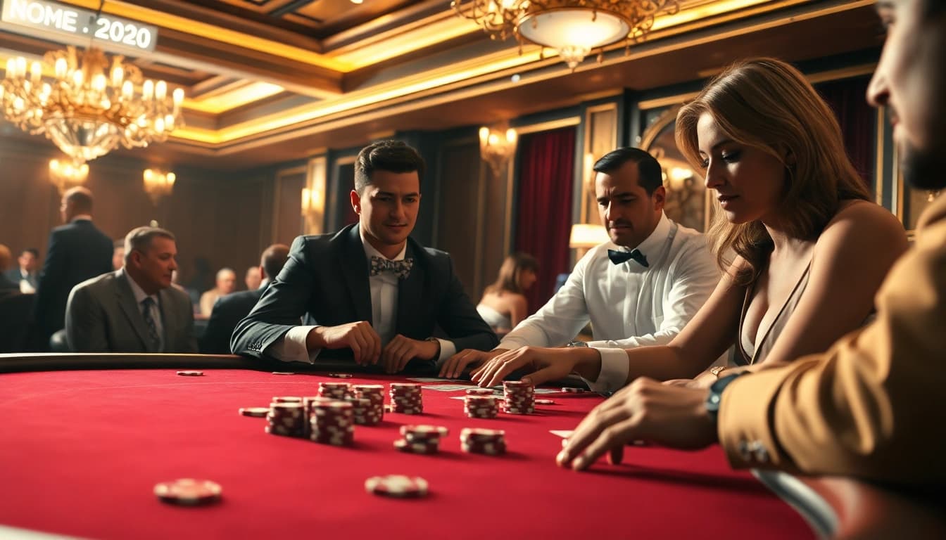 Experience uu娱乐 excitement at a glamorous poker game table in a luxurious casino setting.