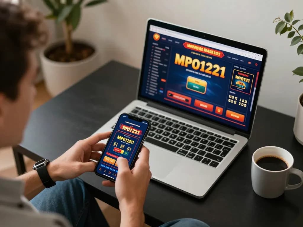 Pengguna MPO1221 menikmati pengalaman bermain slot online yang hidup di smartphone di setting rumah yang nyaman.