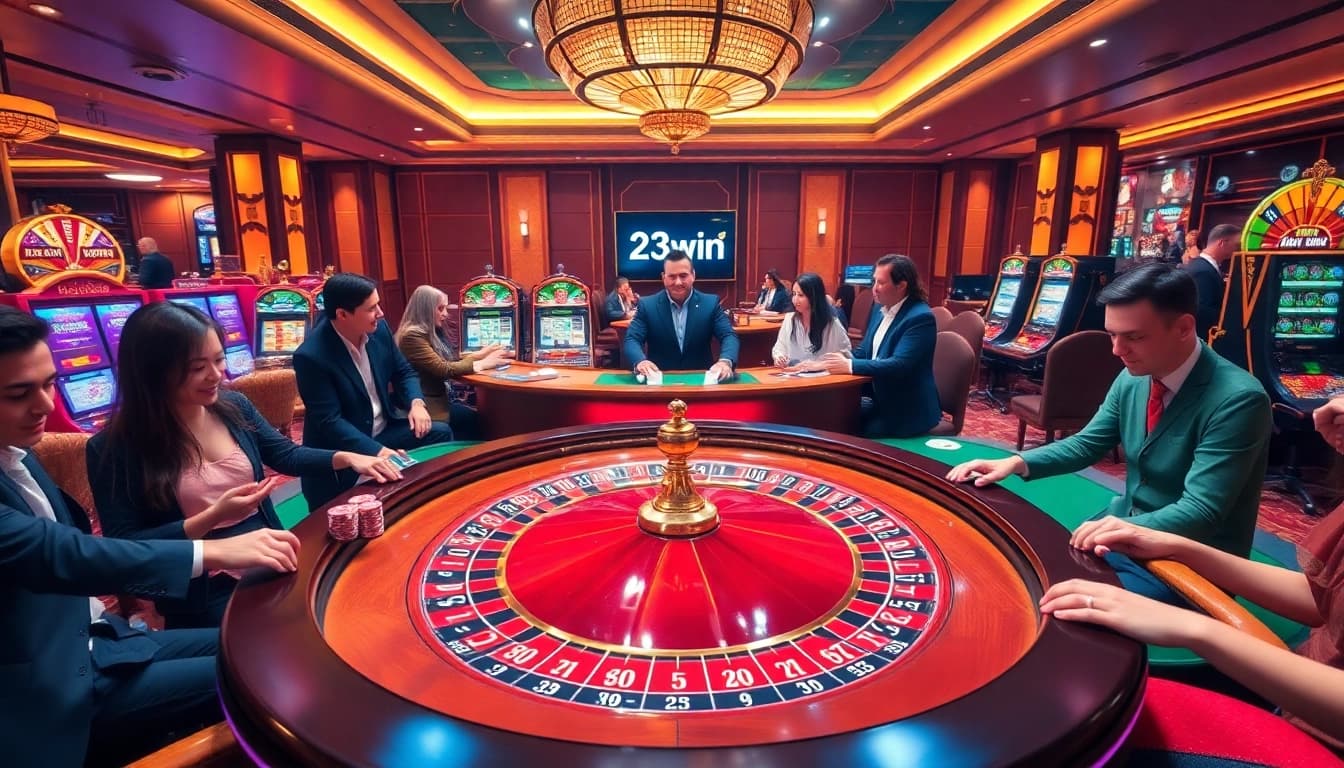 Exciting gaming action at 23win casino with roulette, poker chips, and lively players.