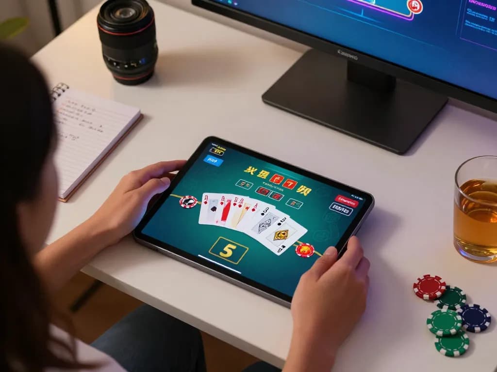 Engaging gameplay of UFA374 blackjack on a tablet, showcasing strategy and concentration in a modern gaming setup