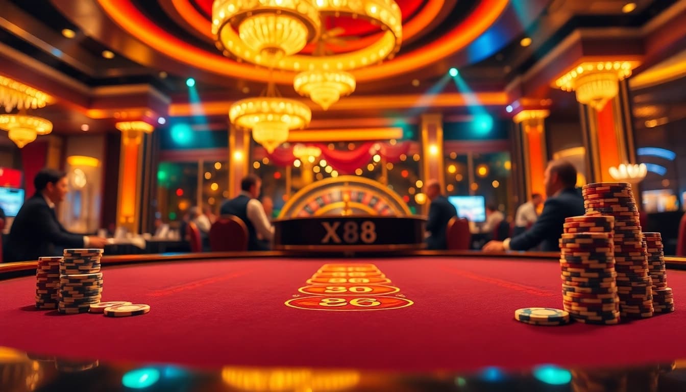 X88 table gaming atmosphere with a glamorous poker setup and spinning roulette wheel.