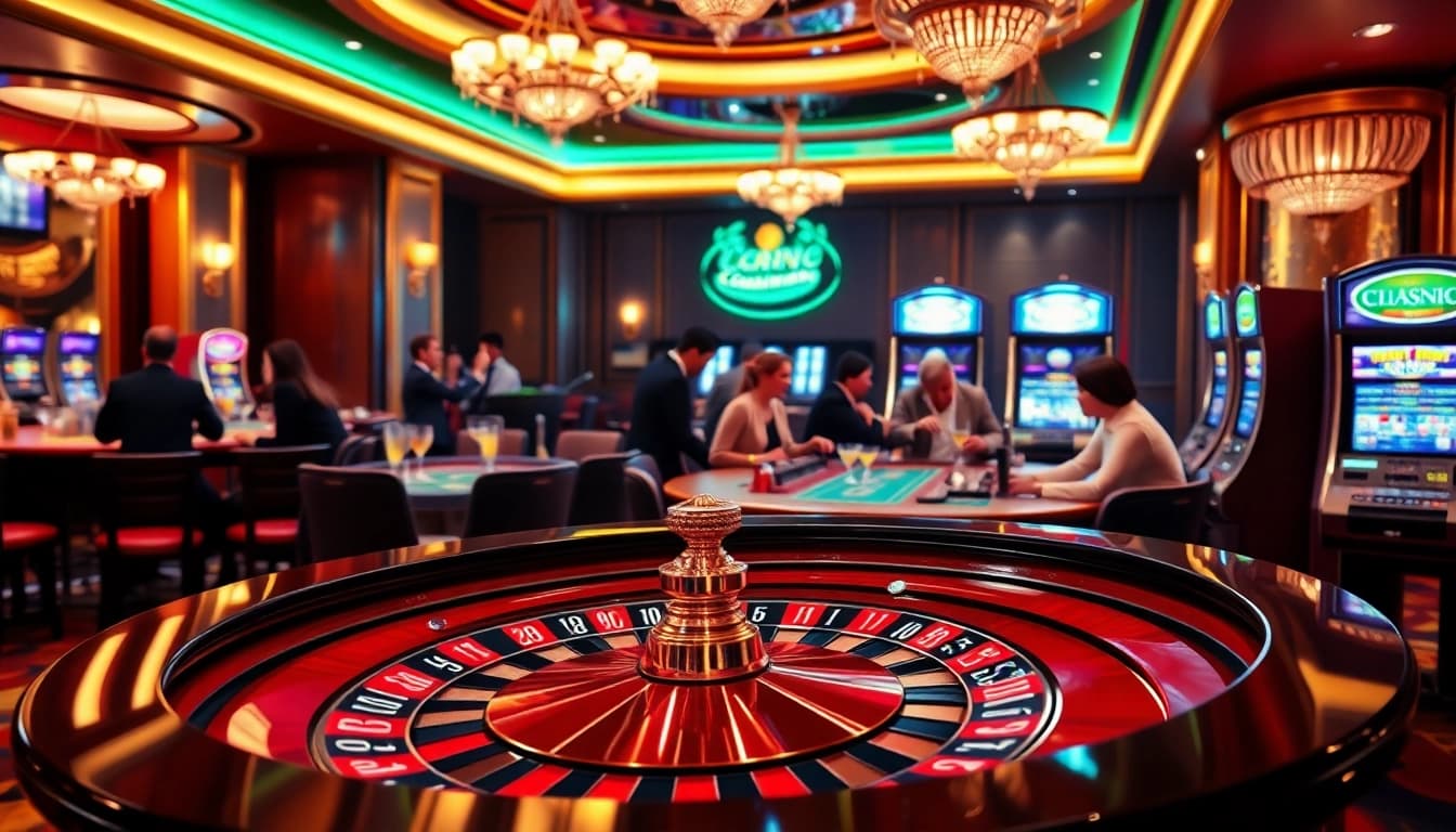 Engaging casino scene illustrating players enjoying the excitement of gambling at DR88, featuring roulette and poker tables.