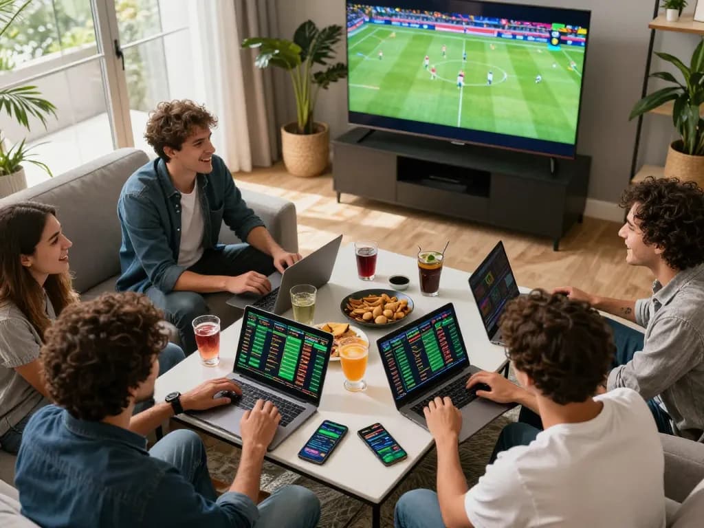 O8 players engaging in dynamic sports betting at home, surrounded by excitement and strategy.