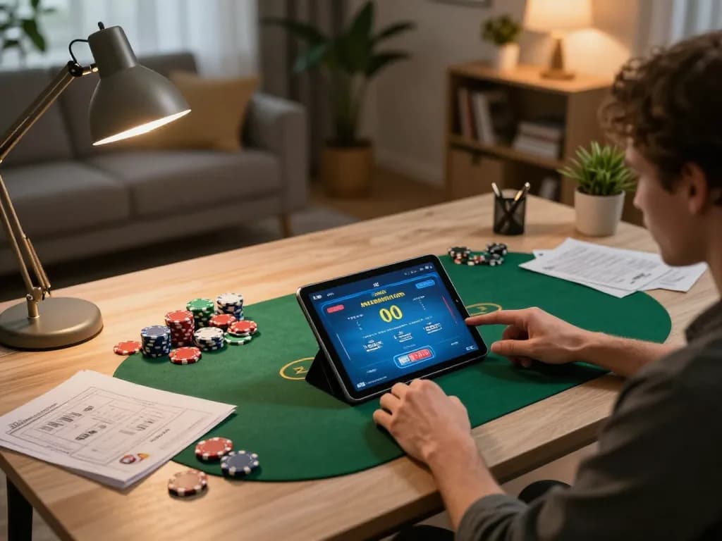 Real-time action of a player enjoying house edge strategies at nhà cái fun79 through a stylish tablet.