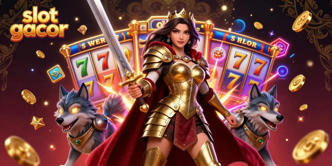 Experience slot gacor excitement with a warrior queen and her glowing wolf in a vibrant gaming scene.