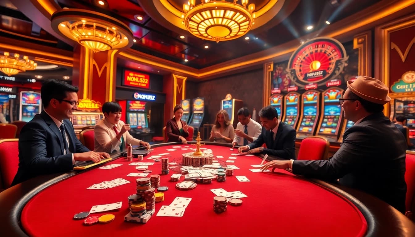 Players enjoying high-stakes poker at NOHU52 casino, capturing excitement and luxury.