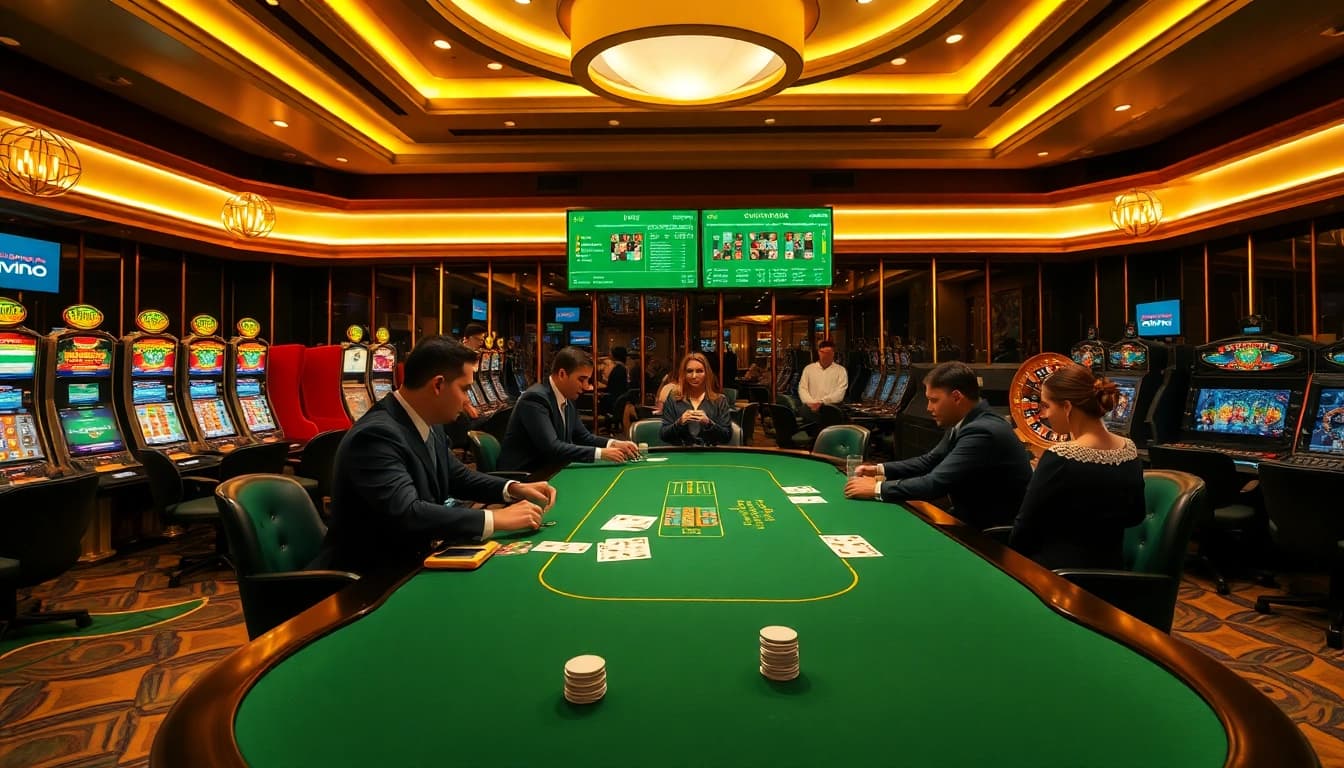 Engaged players at a professional poker table in a luxury casino, reflecting the vibrant gambling atmosphere of https://98win3h.io/.