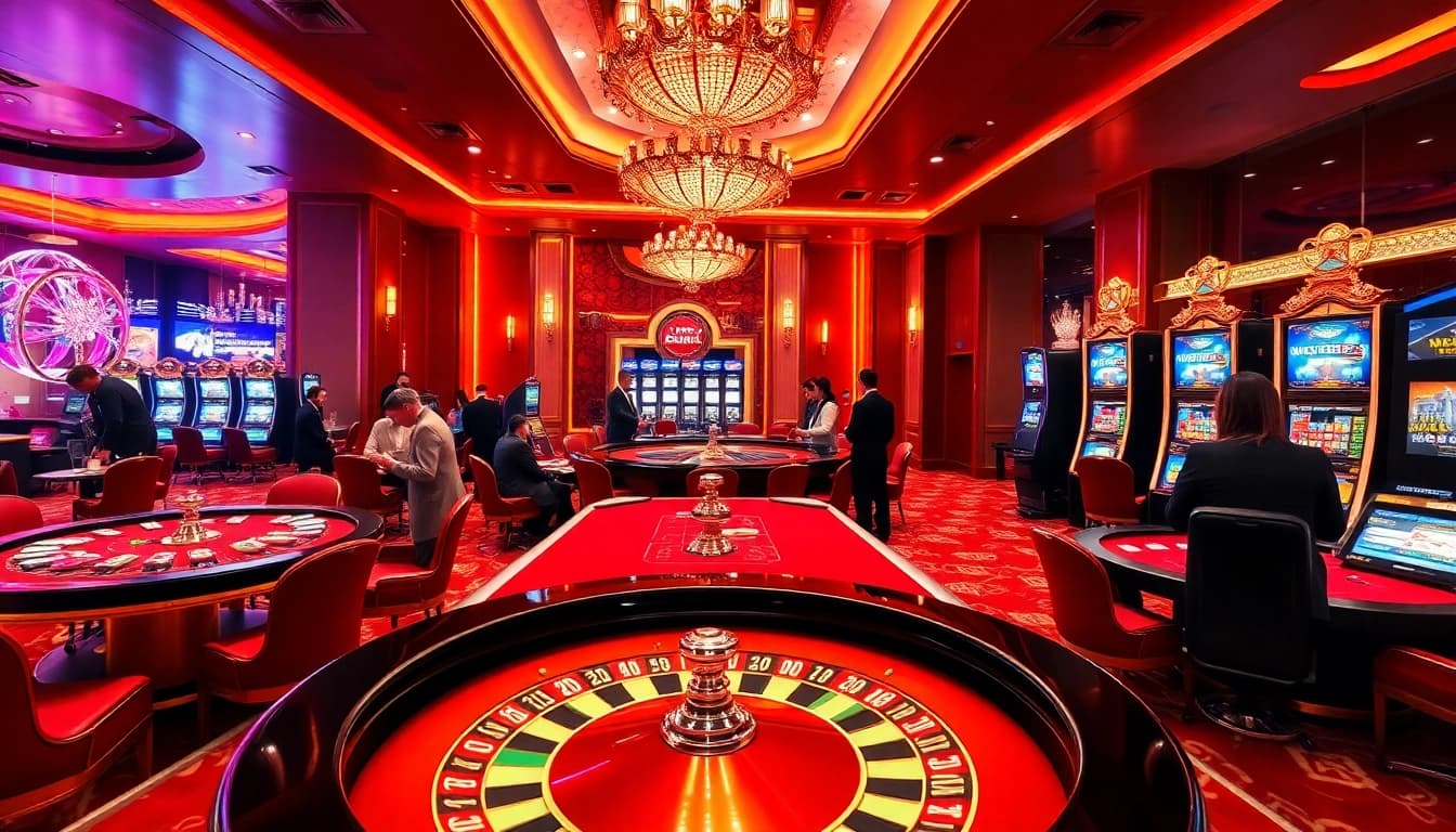 Players enjoy games at https://mb66-t.com/ in a luxurious casino atmosphere with vibrant tables and engaging action.