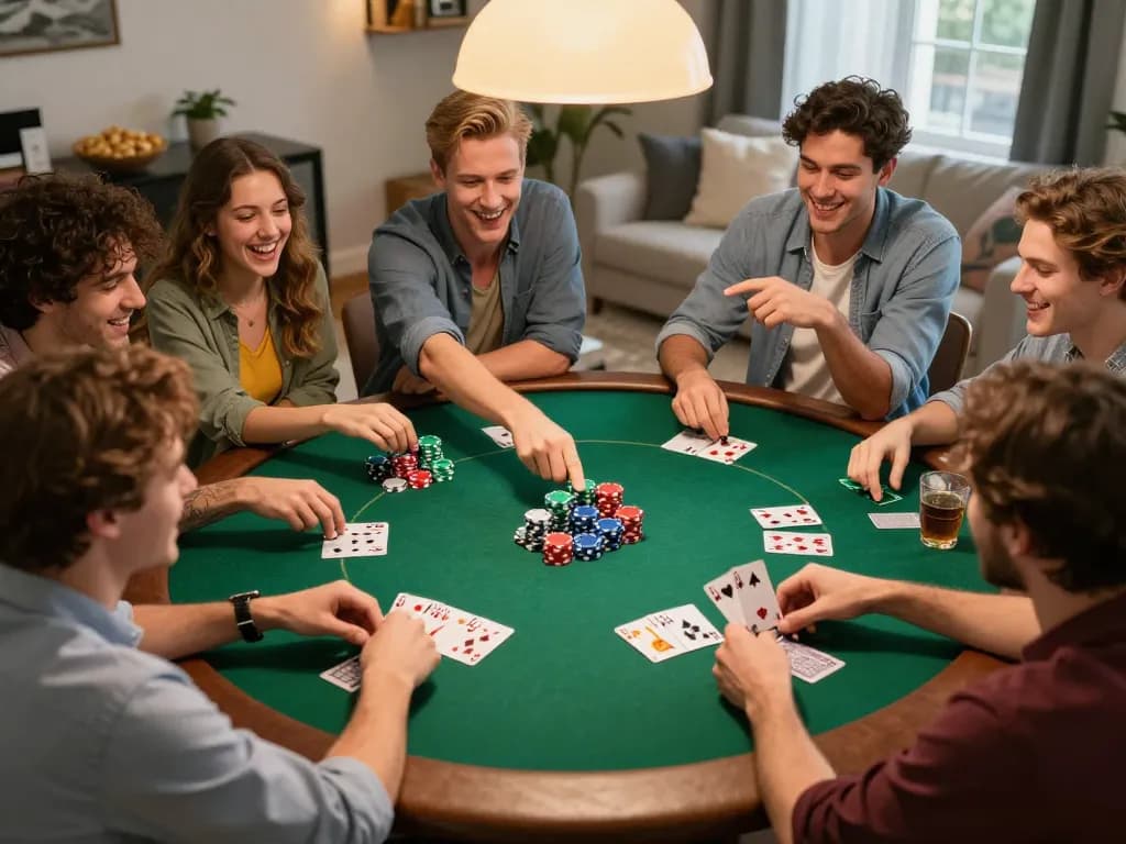 Friends enjoying a poker game night at home, showcasing a lively atmosphere and strategic gambling moments for sirensibiza.