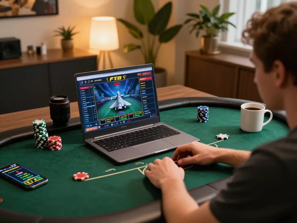Player engaging in an F168 poker game online, showcasing strategic gameplay at home with detailed setup.