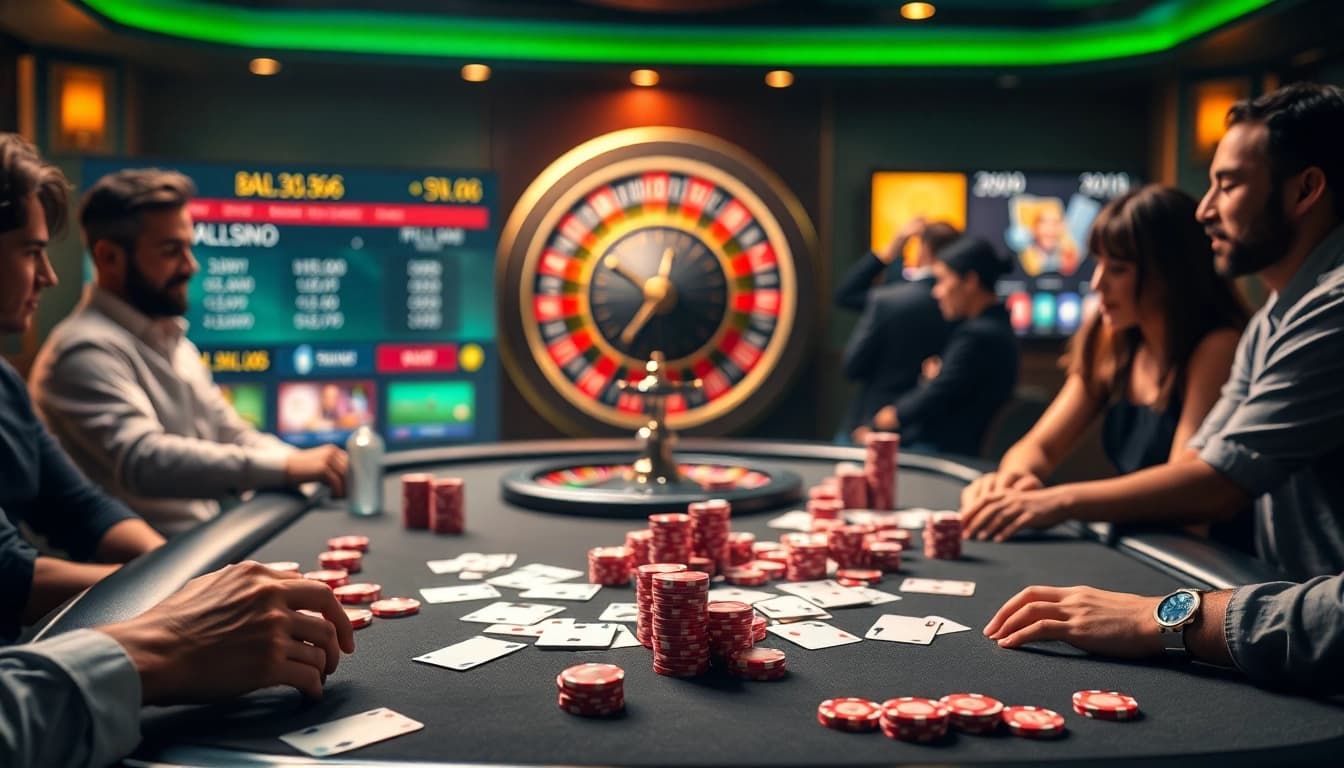Exciting online gambling action at SV66 casino tables featuring vibrant poker chips and cards.