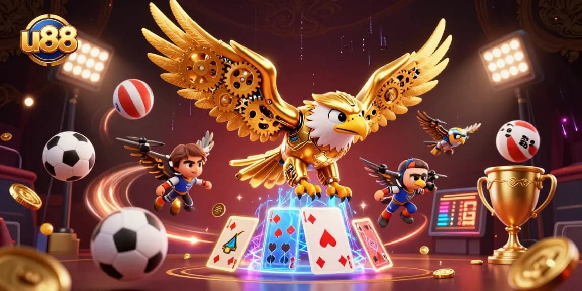 Experience u88 with a dynamic scene showcasing golden eagle and sports betting elements in a high-energy gambling atmosphere.