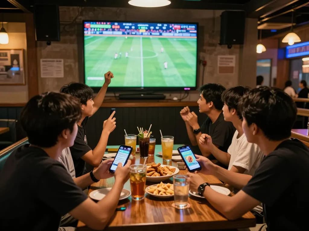 Friends enjoying football while placing bets on soi keo nha cai in a lively sports bar setting.