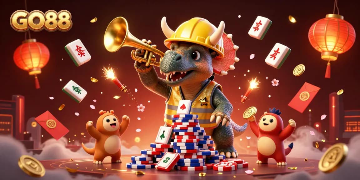 GO88 players celebrate with a cheering triceratops and colorful casino elements in a vibrant atmosphere.