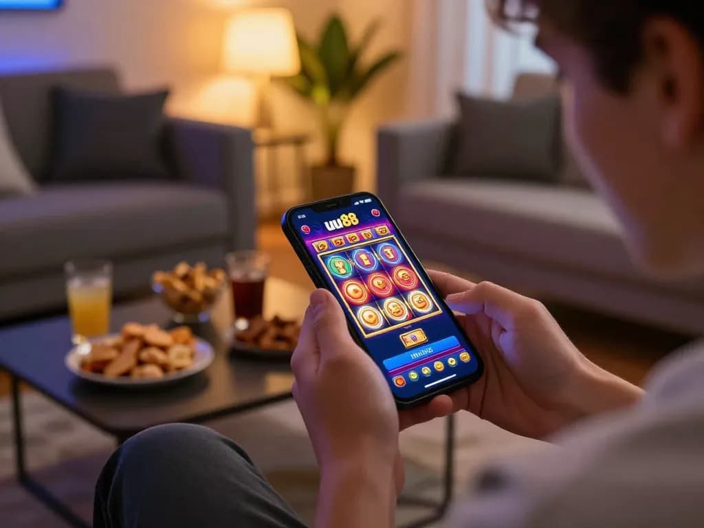 Engaging moment of a player using the uu88 app for online casino betting.