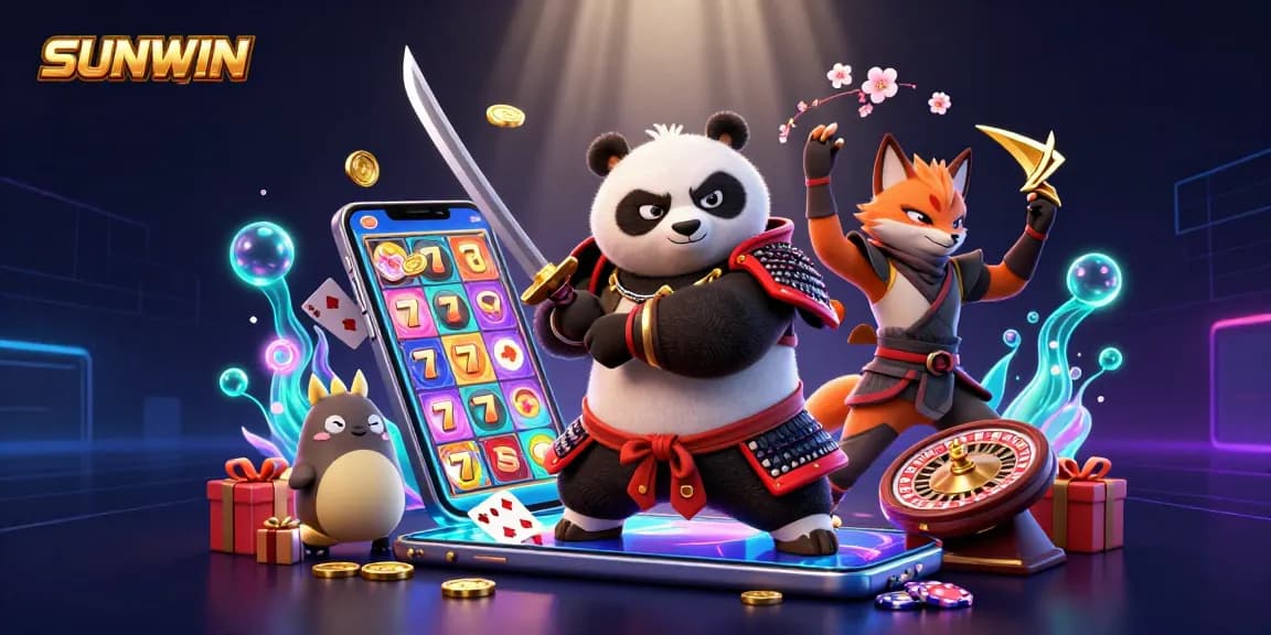 SUNWIN offers thrilling casino experiences with samurai panda and ninja fox amidst vibrant games and golden coins.