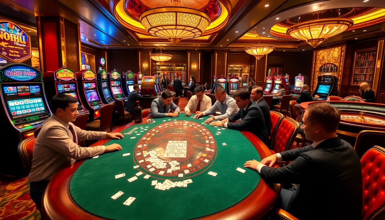 Nohu inspired poker players intently playing at a luxury casino table amidst vibrant slot machines.