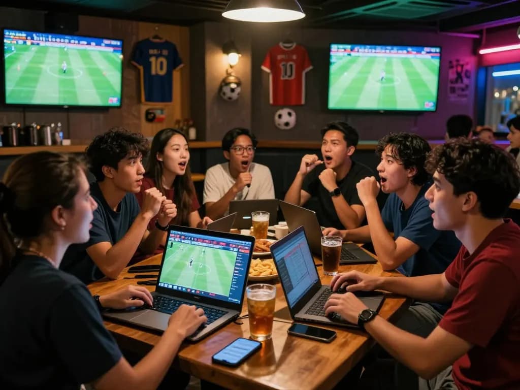 Friends engaged in Judi Bola betting during live football match at sports bar.