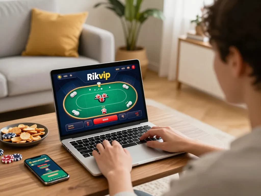 Engaging in rikvip casino gameplay on a laptop in a cozy home setting, showcasing strategic online gaming.