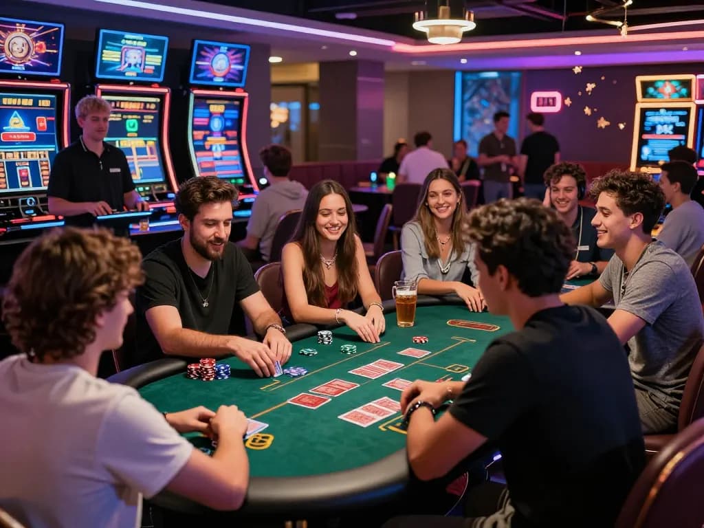 Friends enjoying an exciting gaming experience at https://fabetz88.com/ modern casino lounge.