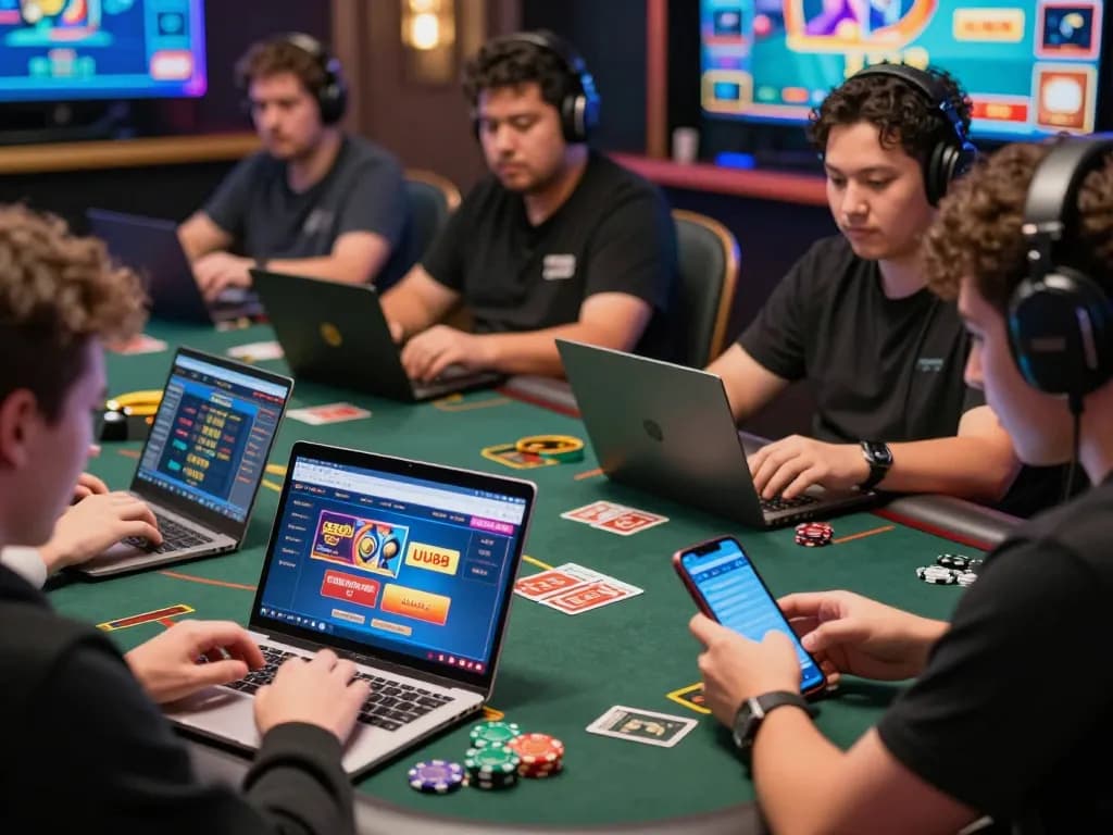 Exciting scene of players on the UU88 platform enjoying online gambling games with vibrant graphics and promotional elements.