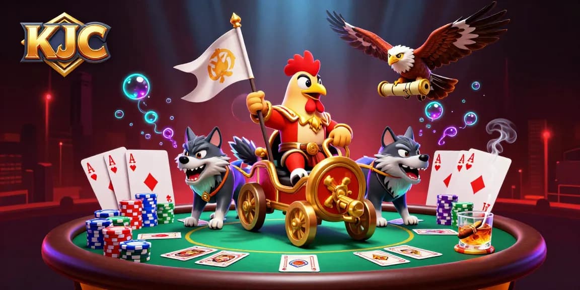 Experience thrilling poker action with KJC's animated gambling scene featuring vibrant characters and rich gaming elements.