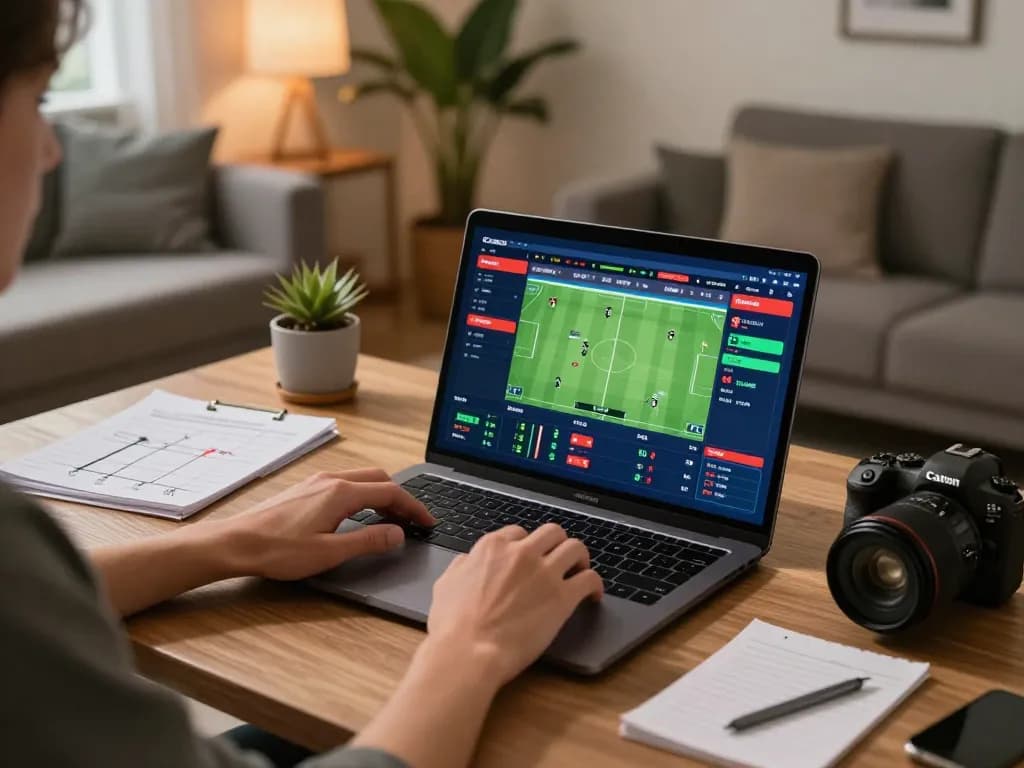 Person actively betting on sports at https://rr888.shopping/ using their laptop in a cozy home office.