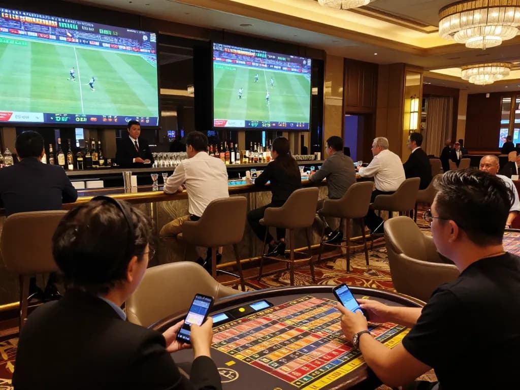Ta88 sports betting patrons engaging in strategic wagers amidst a lively casino atmosphere.