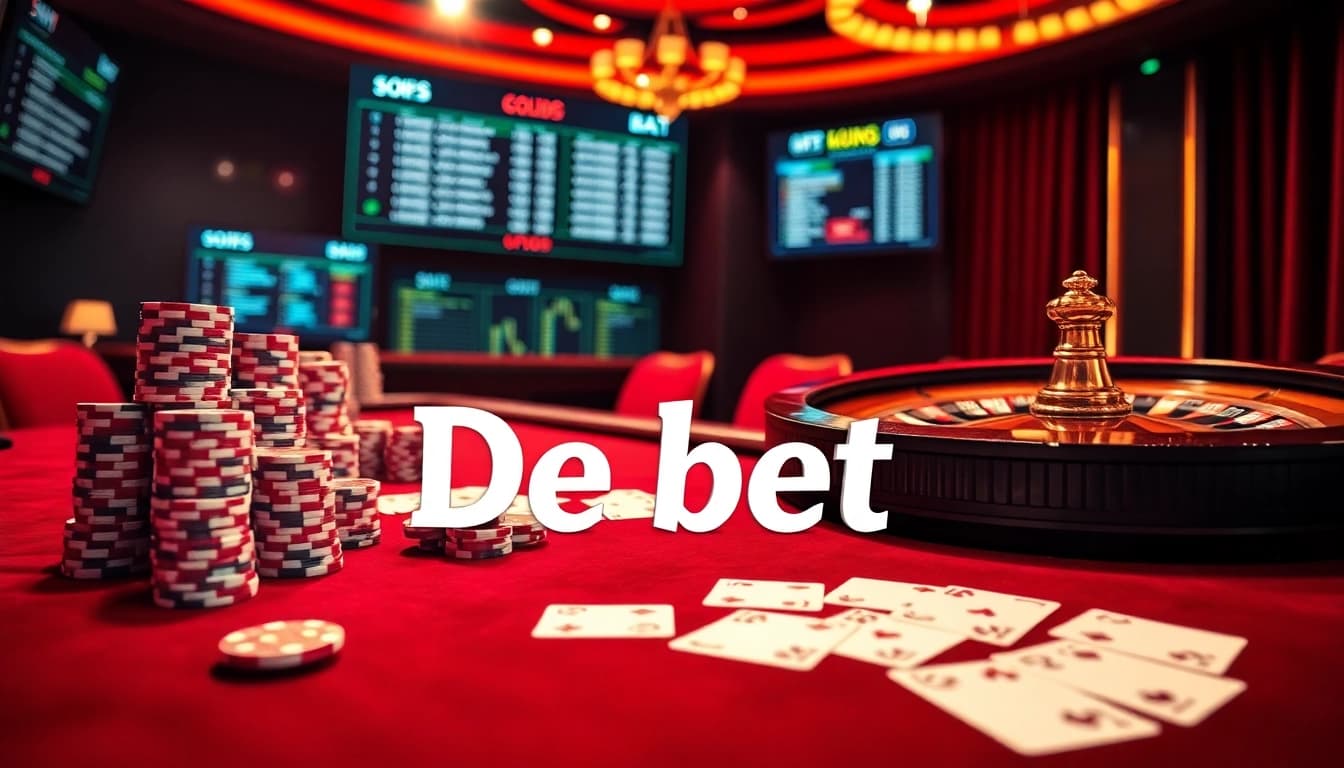 Exciting casino scene featuring De bet with roulette, poker chips, and playing cards.