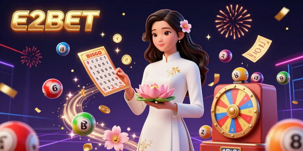 E2BET brings excitement to gaming with vibrant lottery balls, spinning prize wheels, and an elegant player celebrating winning moments.