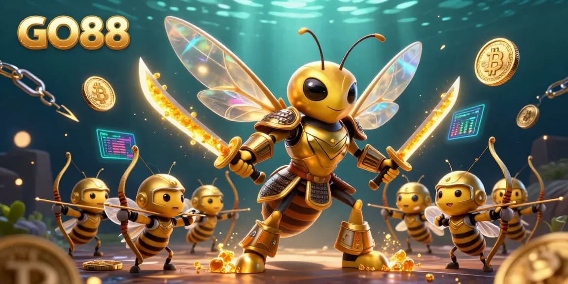 Capture the excitement of GO88 as a golden hornet samurai leads bee archers in a dazzling casino scene.