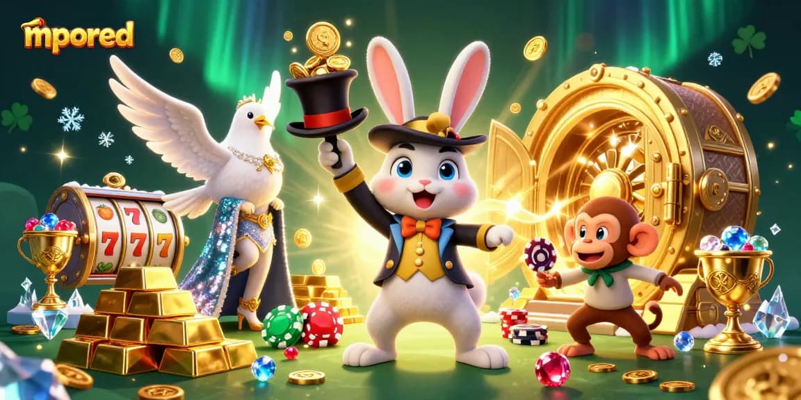 Permainan slot di MPORED dengan kelincahan karakter seperti kelinci penyihir menarik koin emas dengan efek magis.