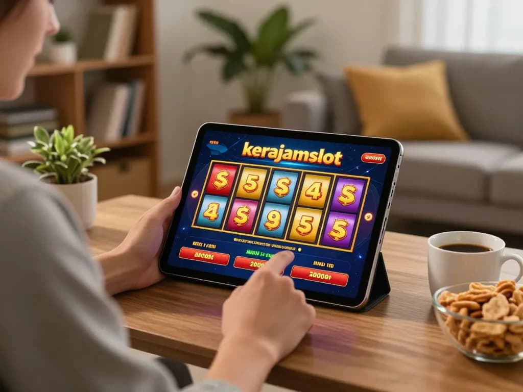 A player enjoying kerajaanslot on a tablet in a cozy home setup with vibrant game interface and warm atmosphere.