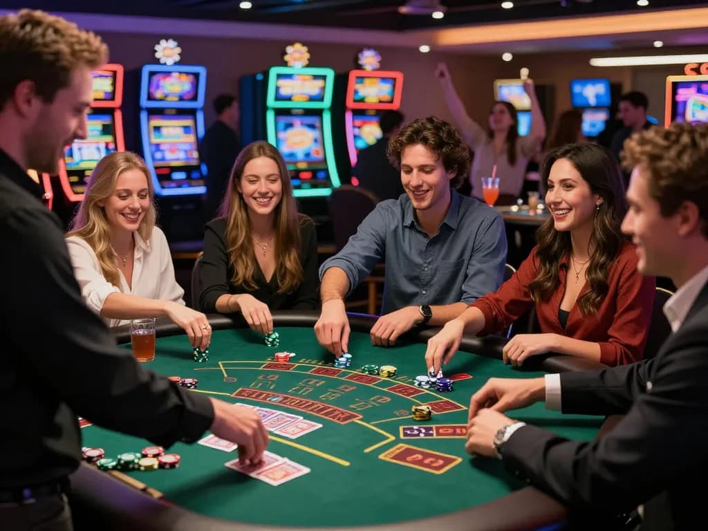 Engaging casino scene with friends betting at a blackjack table showcasing the popularity of debet gaming.