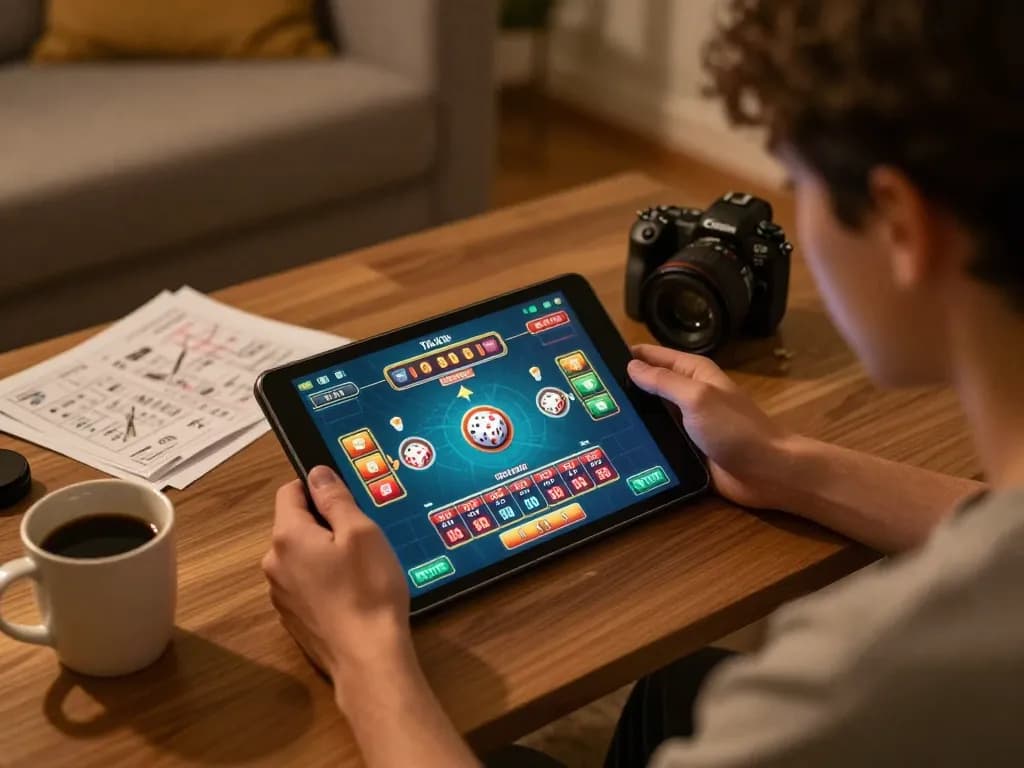 Tài xỉu online gameplay on tablet with vibrant interface, depicting a responsible gaming atmosphere at home.