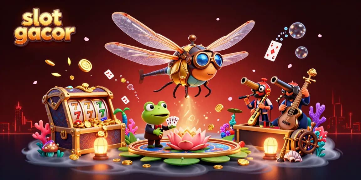 Engage with thrilling slot gacor games amid a vibrant dragonfly pilot and jazzy frog croupier scene.
