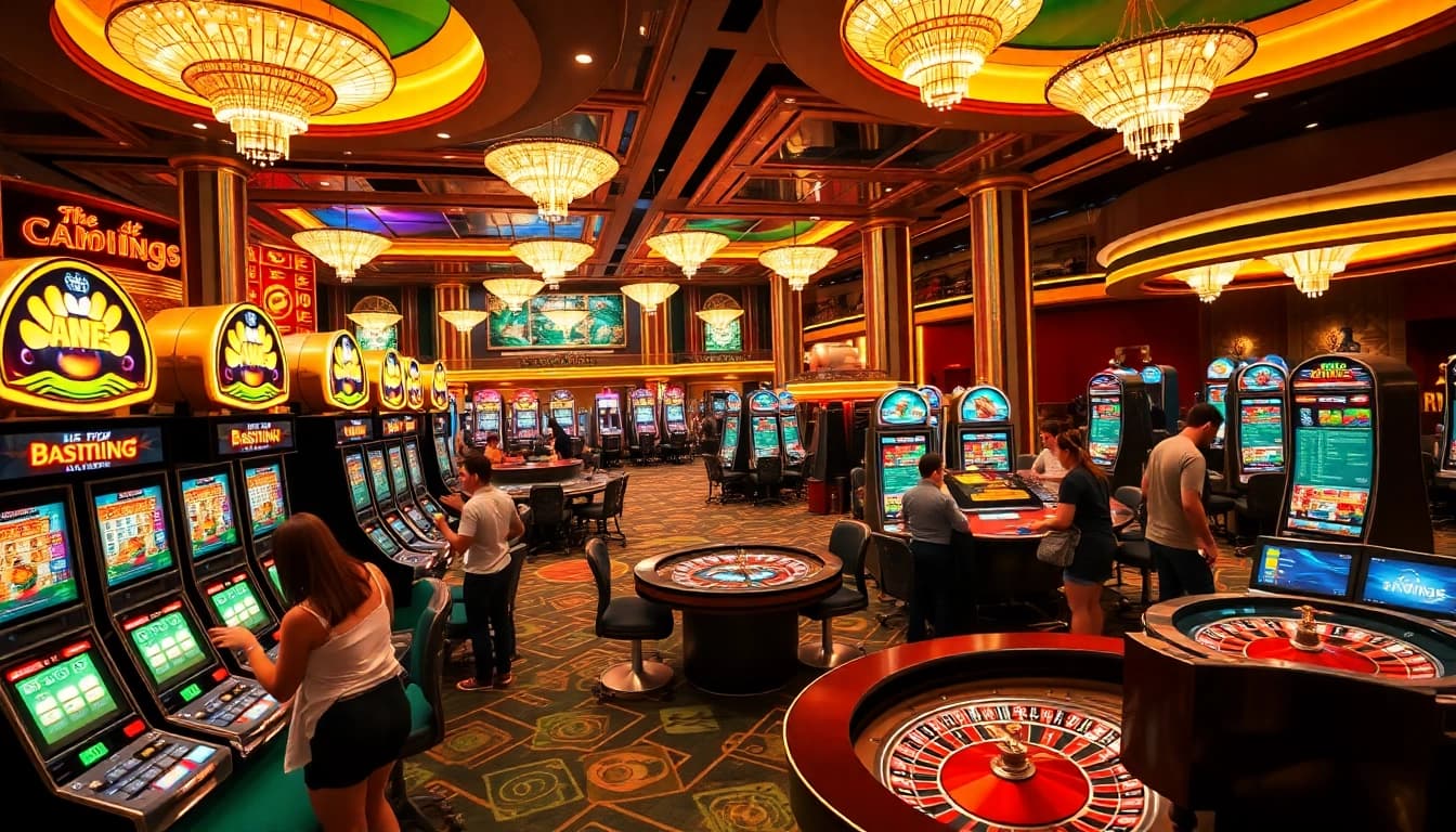 Experience the excitement of AT99娛樂城's vibrant casino gaming with glamorous décor and lively players.
