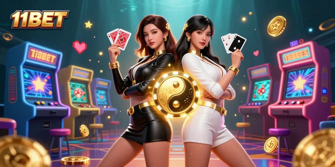 Engage in thrilling bets with the stunning 11BET as twin Asian women display their playing cards.