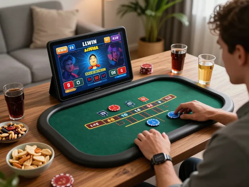 Player enjoying LLWIN's blackjack game on a tablet in a cozy home setting.