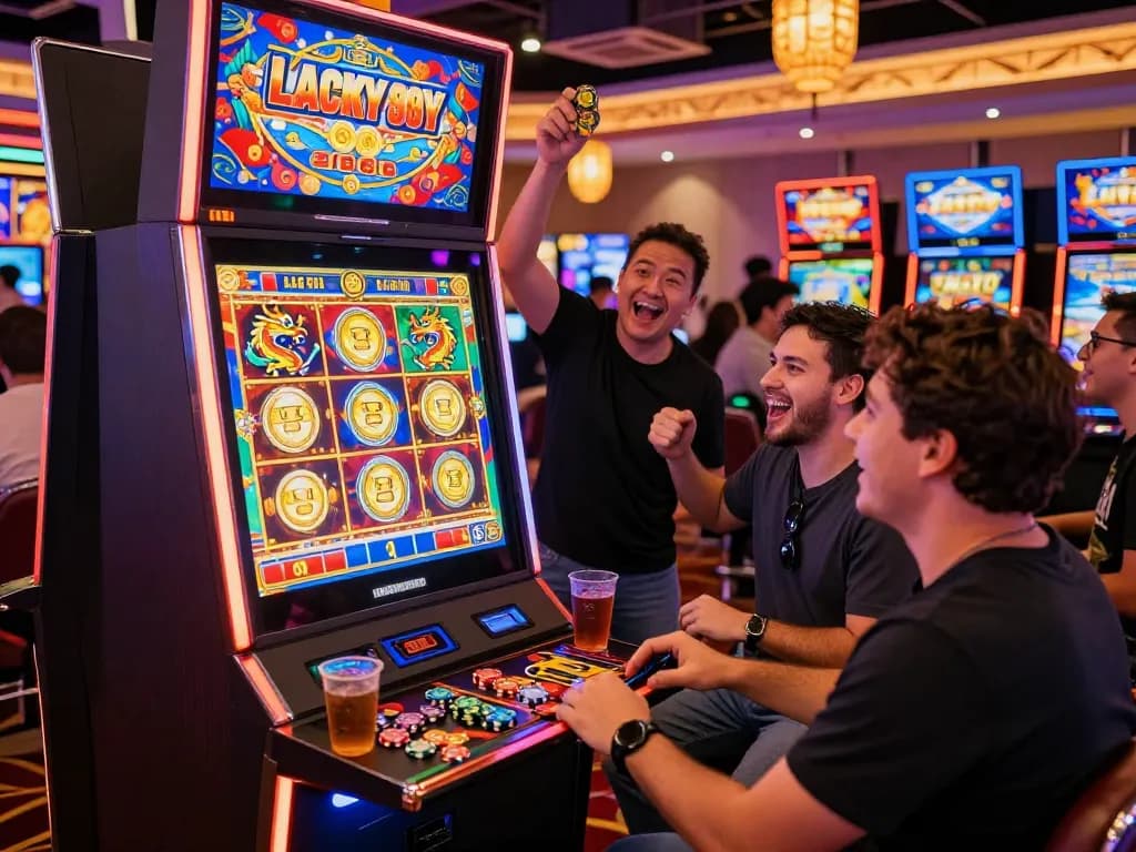 Excited players at a Lucky 88 slot machine celebrating wins in a vibrant casino.