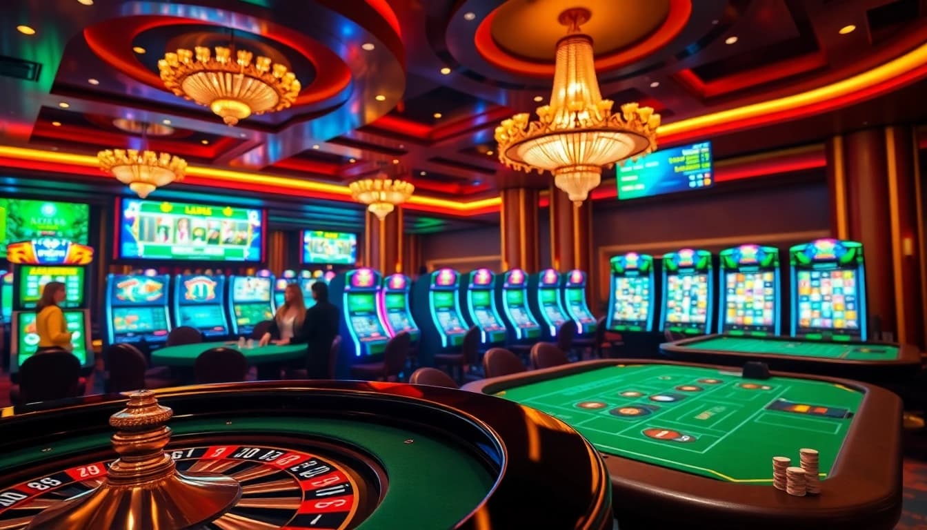 LUCK8 players enjoying high-stakes poker and roulette in a vibrant casino.