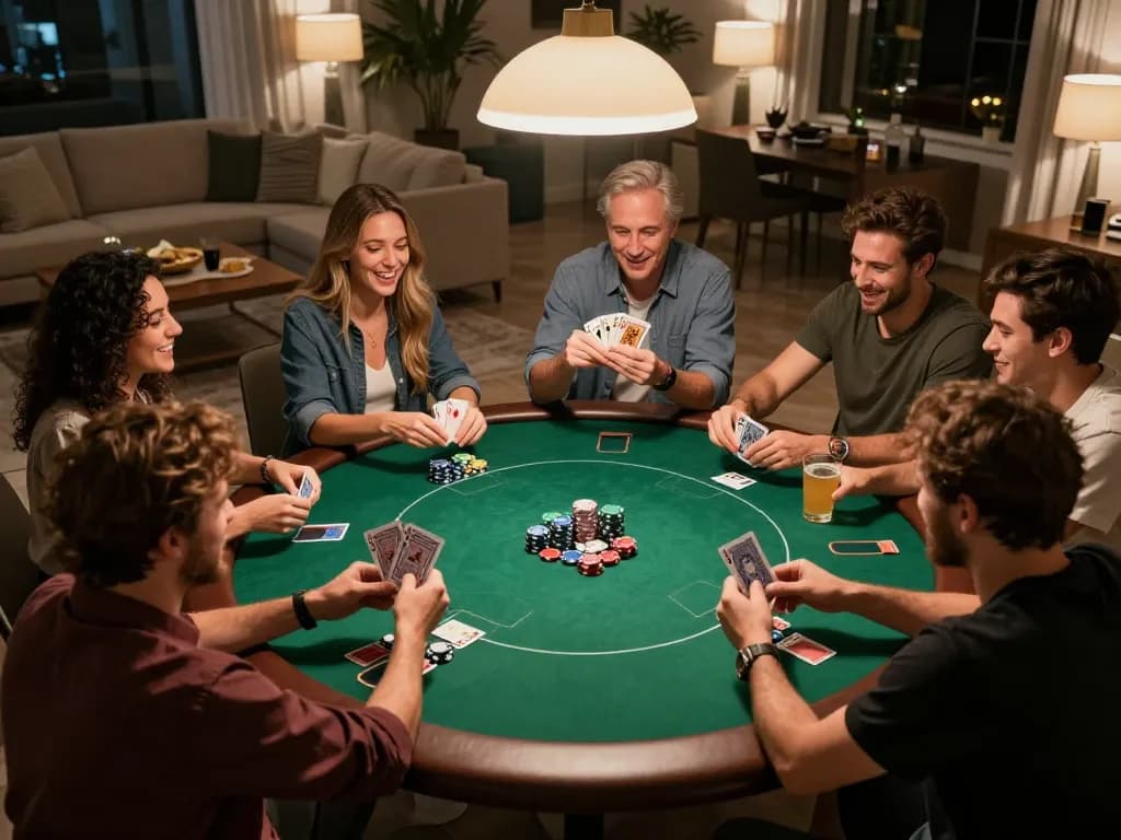 Friends enjoying poker night at home, showcasing fun moments and strategy with 23winy elements.